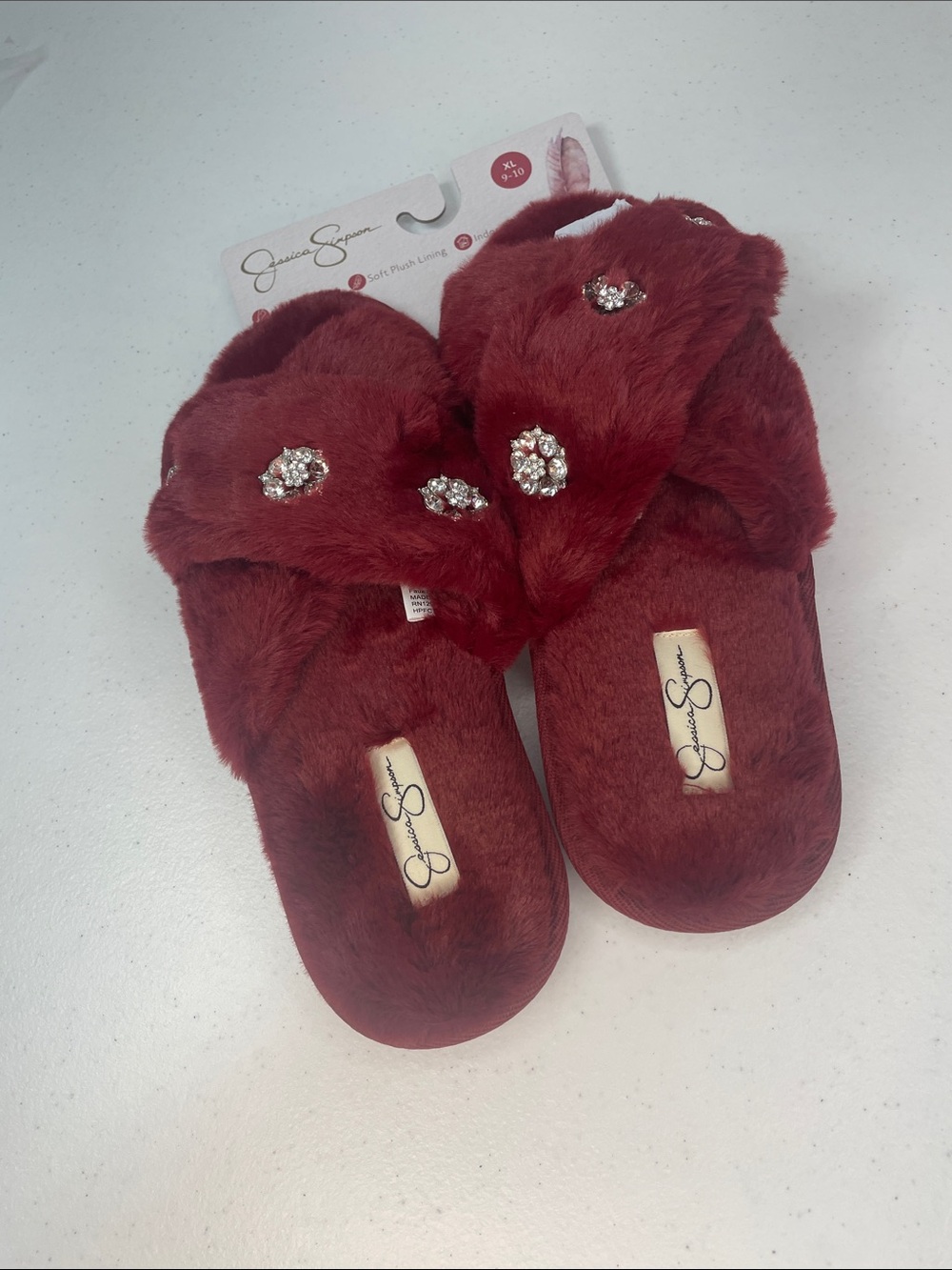Jessica Simpson Burgundy Faux-Fur Jewel Crossband Slippers